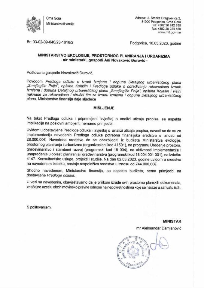 Predlog odluke o izradi Izmjena i dopuna DUP Smajlagića Polje, opština Kolašin - mišljenje Ministarstva finansija
