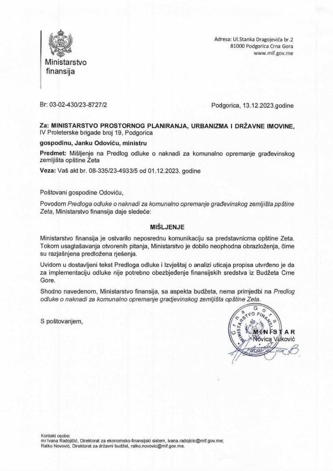 Predlog odluke o naknadi za komunalno opremanje građevinskog zemllišta opštine Zeta 13.12. - mišljenje Ministarstva finansija