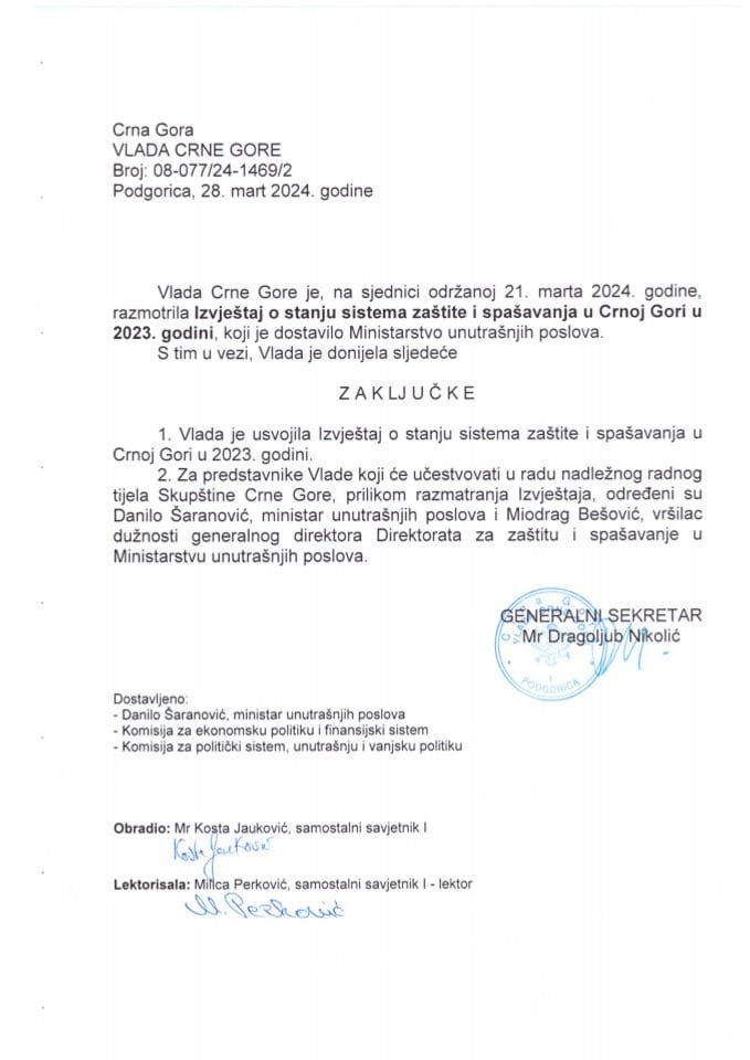 Izvještaj o stanju sistema zaštite i spašavanja u Crnoj Gori u 2023. godini - zaključci
