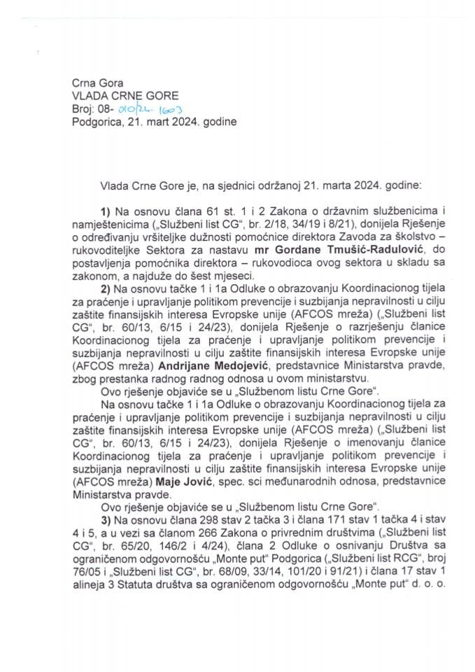 Kadrovska pitanja sa 22. sjednice Vlade Crne Gore - zaključci