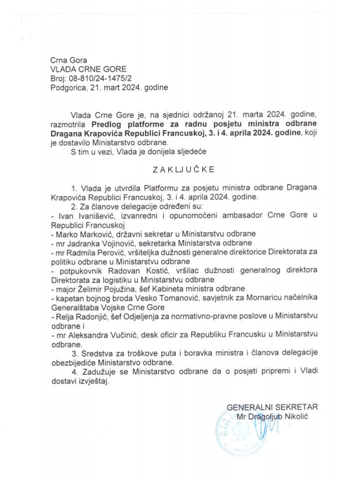 Predlog platforme za radnu posjetu ministra odbrane Dragana Krapovića Republici Francuskoj, 3. i 4. aprila 2024. godine (bez rasprave) - zaključci