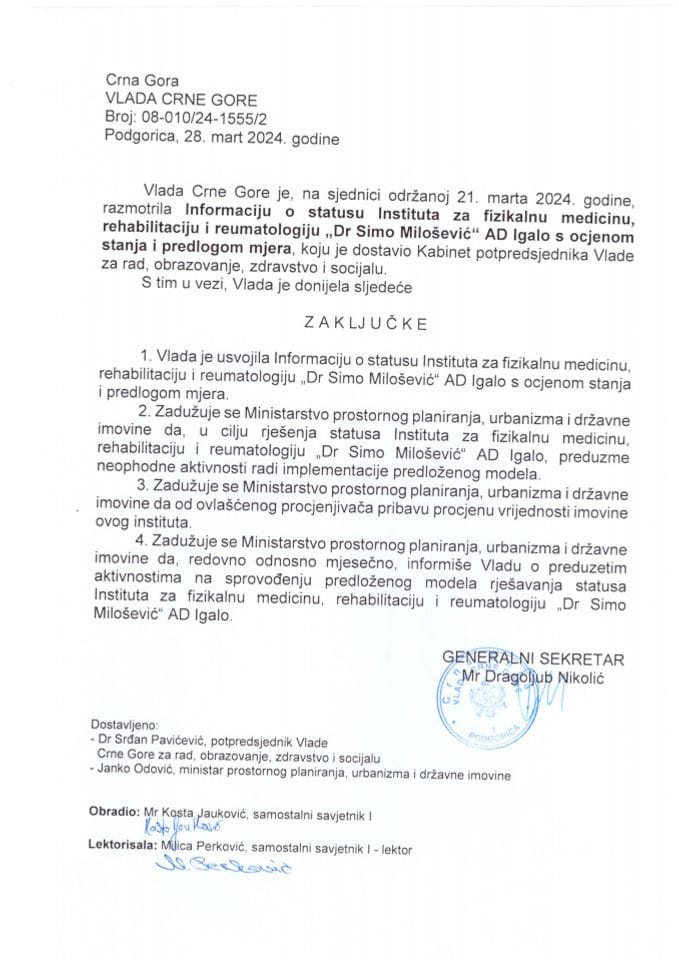 Informacija o statusu Instituta za fizikalnu medicinu, rehabilitaciju i reumatologiju „Dr Simo Milošević“ AD Igalo, sa ocjenom stanja i predlogom mjera - zaključci