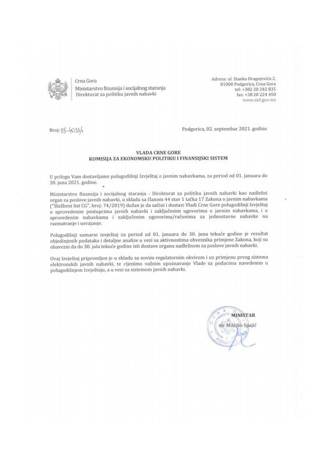 Полугодисњи Извјештај о јавним набавка за период од 01. јануара до 30. јуна 2021. године