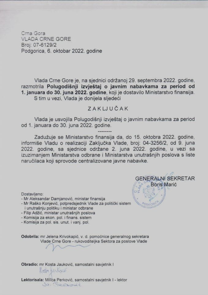 Полугодишњи извјештај о јавним набавкама за период  од 01. јануара до 30. јуна 2022. године - Закључак Владе