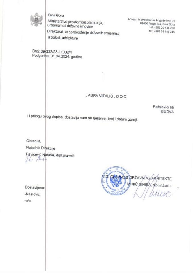 Rješenja glavnog državnog arhitekte -  01.04.2024 Rješenje -AURA VITTALIS DOO, Budva -Opština Budva
