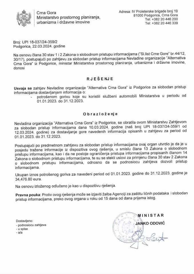 Rješenja - Slobodan pristup informacijama - UPI 18-037-24-359-2 Alternativa CG Rješenje