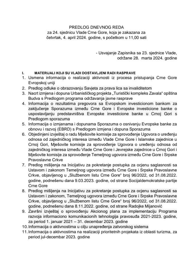 Predlog dnevnog reda za 24. sjednicu Vlade Crne Gore