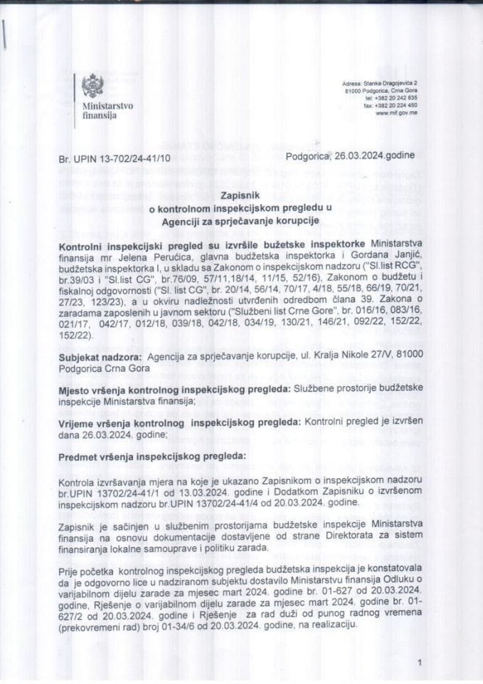 Zapisnik o kontrolnom inspekcijskom pregledu