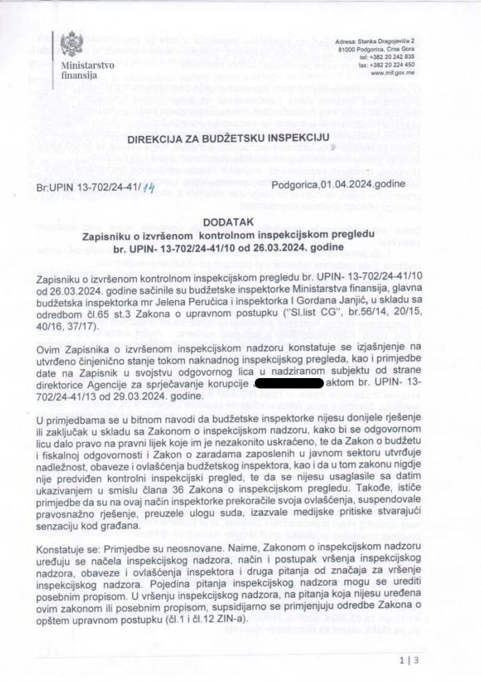 Dodatak zapisniku o izvršenom kontrolnom inspekcijskom pregledu