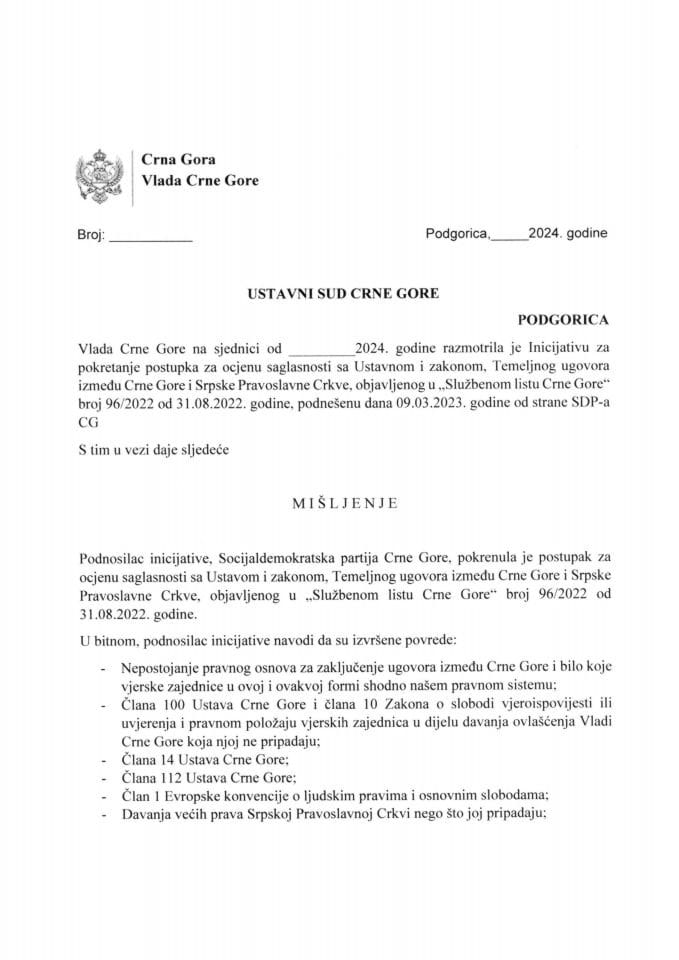 Predlog mišljenja na Inicijativu za pokretanje postupka za ocjenu saglasnosti sa Ustavom i zakonom Temeljnog ugovora između Crne Gore i Srpske Pravoslavne Crkve podnešenu dana 9.03.2023. godine, od strane Socijaldemokratske partije Crne Gore