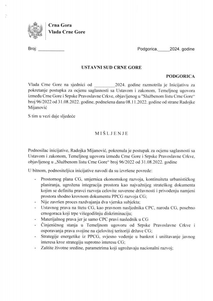 Predlog mišljenja na Inicijativu za pokretanje postupka za ocjenu saglasnosti sa Ustavom i zakonom, Temeljnog ugovora između Crne Gore i Srpske Pravoslavne Crkve podnešenu dana 8.11.2022. godine, od strane Radojke Mijanović