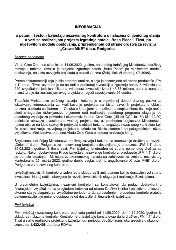 Informacija o petom i šestom Izvještaju nezavisnog kontrolora o nalazima činjeničnog stanja u vezi sa realizacijom projekta Izgradnje hotela „Boka Place“, Tivat, po mješovitom modelu poslovanja