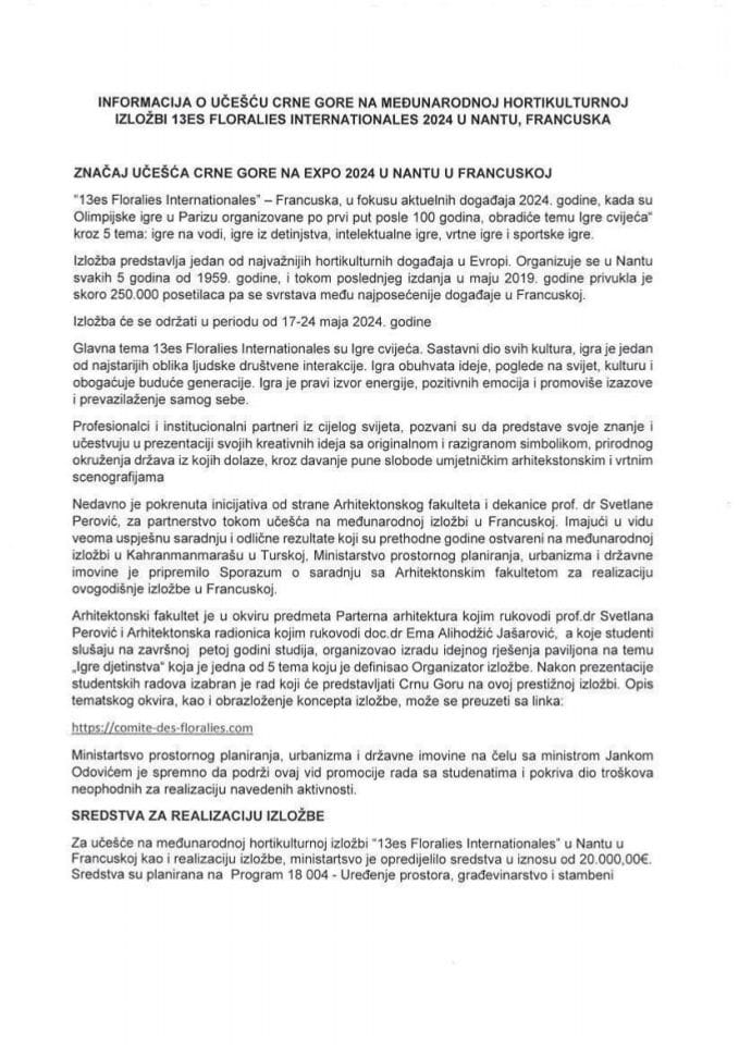 Informacija o učešću Crne Gore na međunarodnoj hortikulturnoj izložbi „13es Floralies Internationales 2024“ u Nantu, Francuska s Predlogom memoranduma