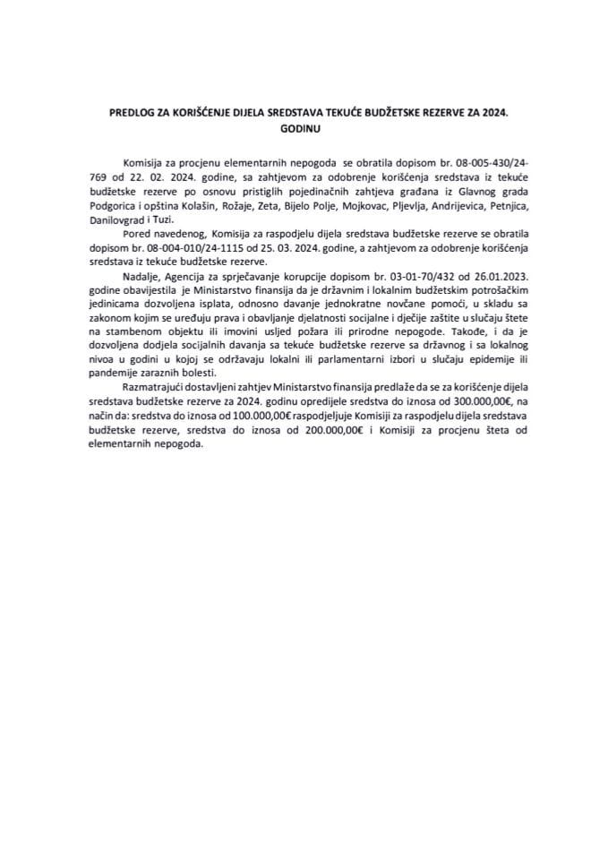 Predlog za korišćenje dijela sredstava Tekuće budžetske rezerve za 2024. godinu