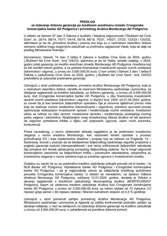 Predlog za izdavanje državne garancije po kreditnom aranžmanu između Crnogorske komercijalne banke AD Podgorica i privrednog društva Montecargo AD Podgorica