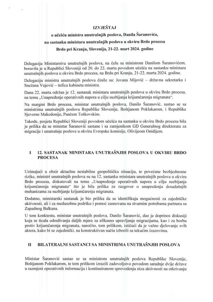 Izvještaj o učešću ministra unutrašnjih poslova Danila Šaranovića, na sastanku ministara unutrašnjih poslova u okviru Brdo procesa, Brdo pri Kranju, Slovenija, 21-22. mart 2024. godine