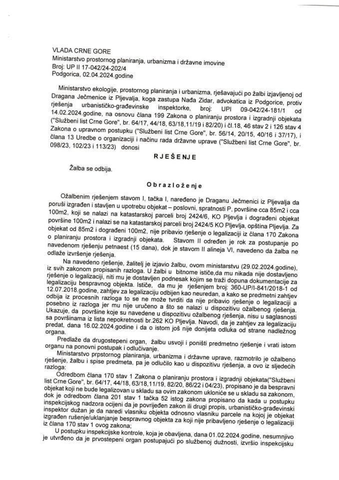 Drugostepena rješenja - UPII 17-042-24-202-4 DRAGAN JEČMENICA