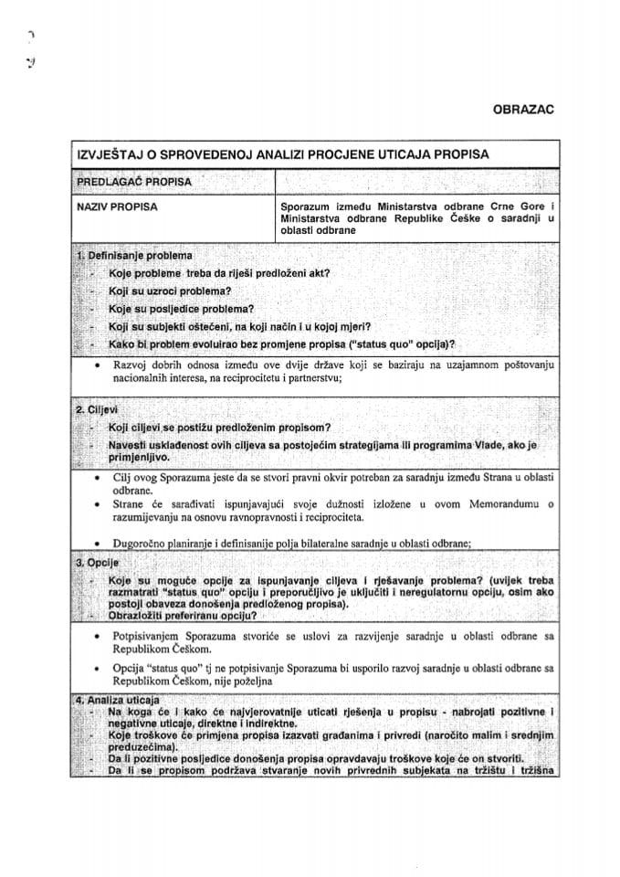 Протокол између министарства одбране Чешке и министарства одбране ЦГ