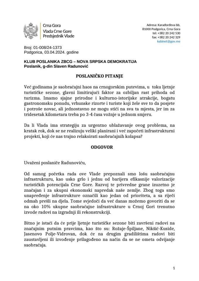 Premijerski sat: Odgovor predsjednika Vlade Milojka Spajića na poslaničko pitanje Slavena Radunovića