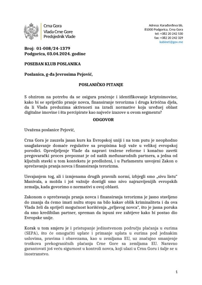Premijerski sat: Odgovor predsjednika Vlade Milojka Spajića na poslaničko pitanje Jevrosime Pejović