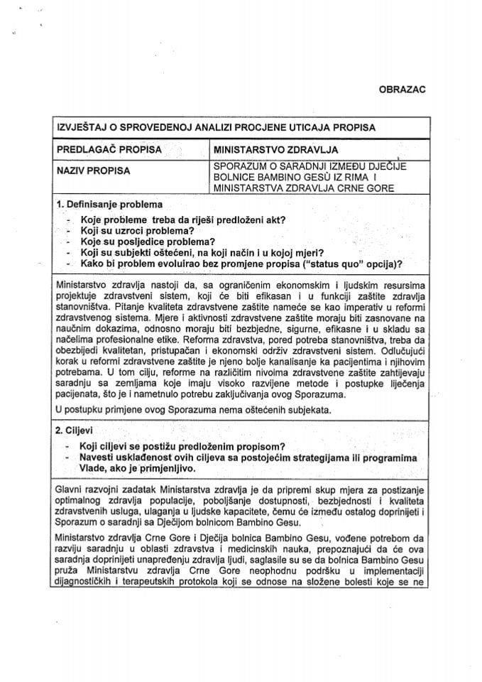 Споразум о сарадњи између дјечије болнице Бамбино Гесу из Рима и Министарства здравља Црне Горе
