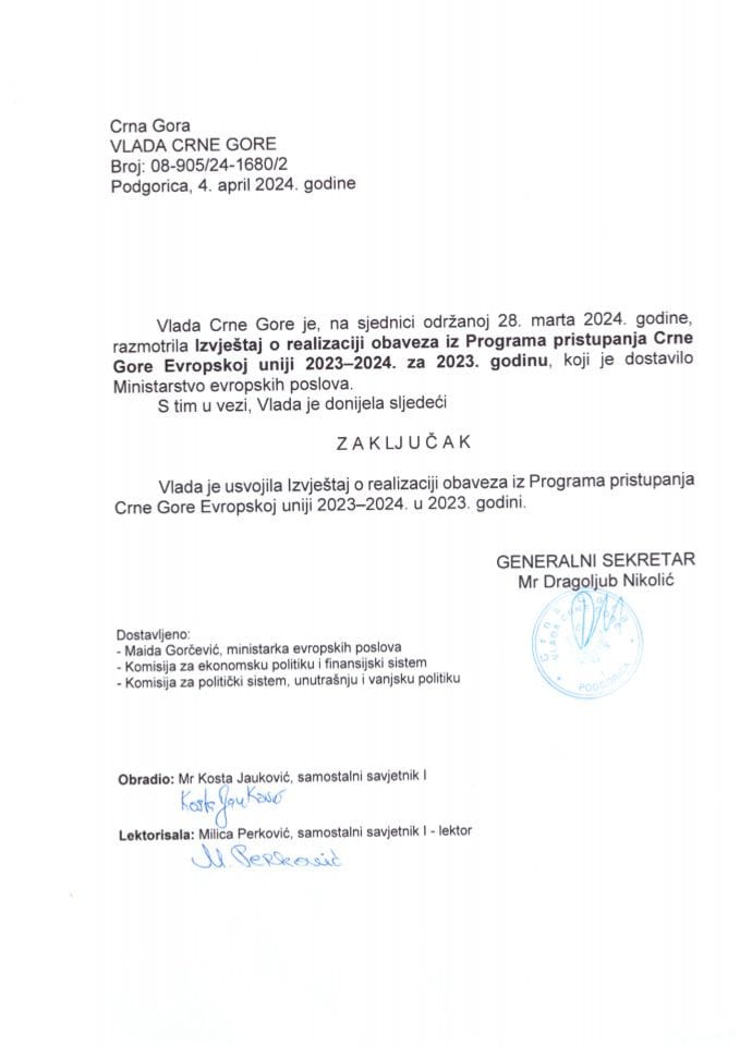 Извјештај о реализацији обавеза из Програма приступања Црне Горе Европској унији 2023-2024, за 2023. годину - закључци