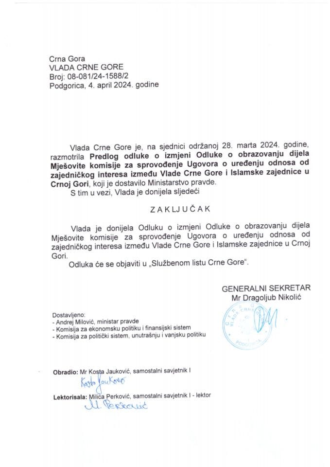 Predlog odluke o izmjeni Odluke o obrazovanju dijela Mješovite komisije za sprovođenje Ugovora o uređenju odnosa od zajedničkog interesa između Vlade Crne Gore i Islamske zajednice u Crnoj Gori - zaključci