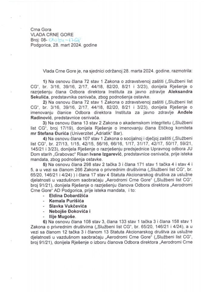 Kadrovska pitanja sa 23. sjednice Vlade Crne Gore - zaključci