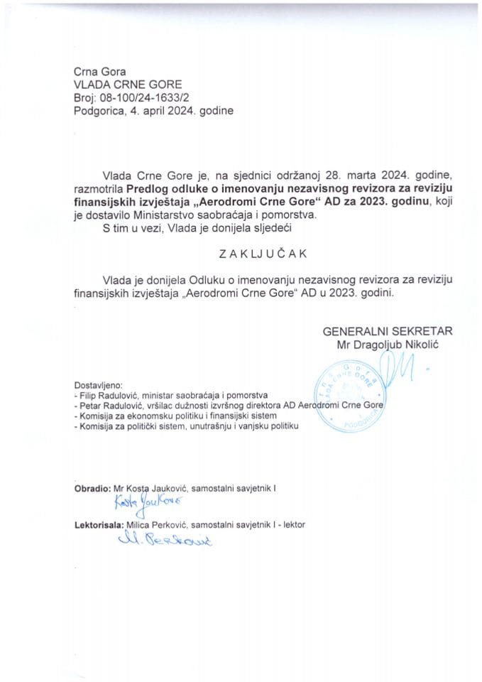 Предлог одлуке о именовању независног ревизора за ревизију финансијских извјештаја „Аеродроми Црне Горе“ АД за 2023. годину - закључци