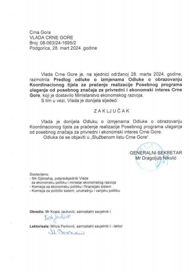 Предлог одлуке о измјенама Одлуке о образовању Координационог тијела за праћење реализације Посебног програма улагања од посебног значаја за привредни и економски интерес Црне Горе - закључци