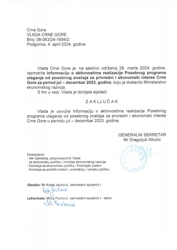 Информација о активностима реализације Посебног програма улагања од посебног значаја за привредни и економски интерес Црне Горе за период јул - децембар 2023. године - закључци