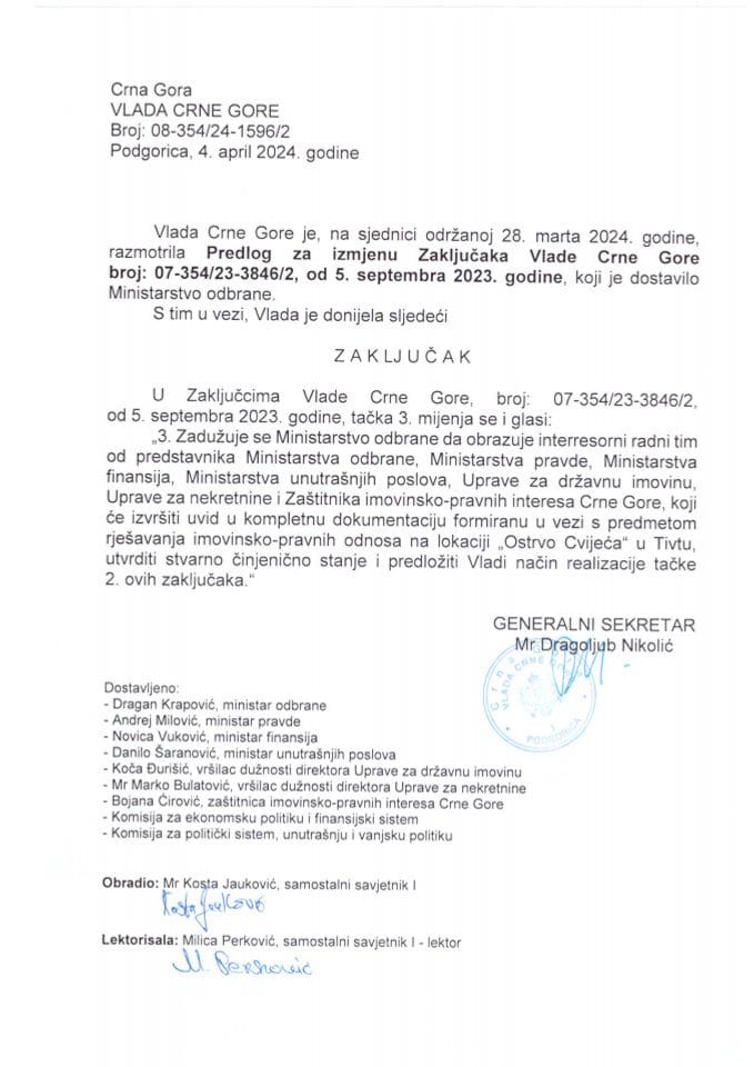 Predlog za izmjenu Zaključaka Vlade Crne Gore, broj: 07-354/23-3846/2, od 5. septembra 2023. godine, sa sjednice od 3. avgusta 2023. godine - zaključci