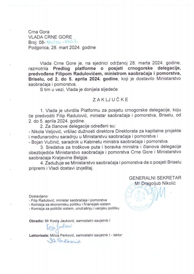 Предлог платформе о посјети црногорске делегације, предвођене Филипом Радуловићем, министром саобраћаја и поморства, Бриселу, од 2. до 5. априла 2024. године - закључци