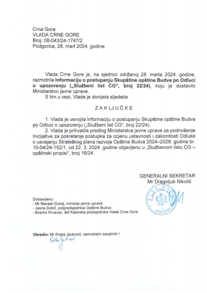 Informacija o postupanju Skupštine opštine Budva po Odluci o upozorenju Skupštini opštine Budva (Službeni list CG, broj 22/24) - zaključci