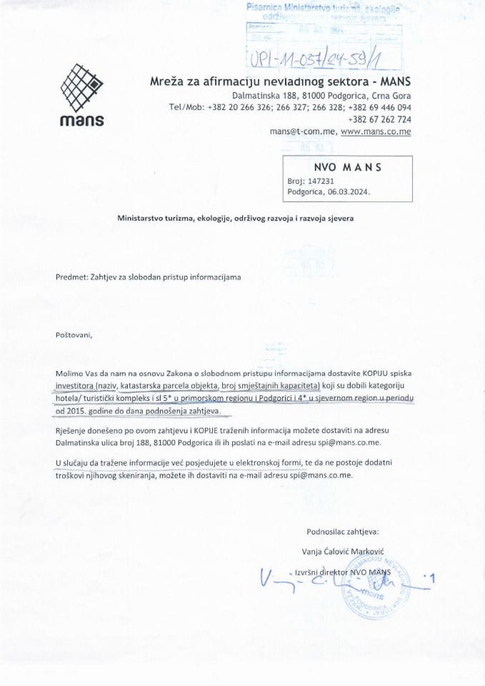 Захтјев - Слободан приступ информацијама - УПИ 11-037-24-59-1 - Мрежа за афирмацију невладиног сектора - МАНС