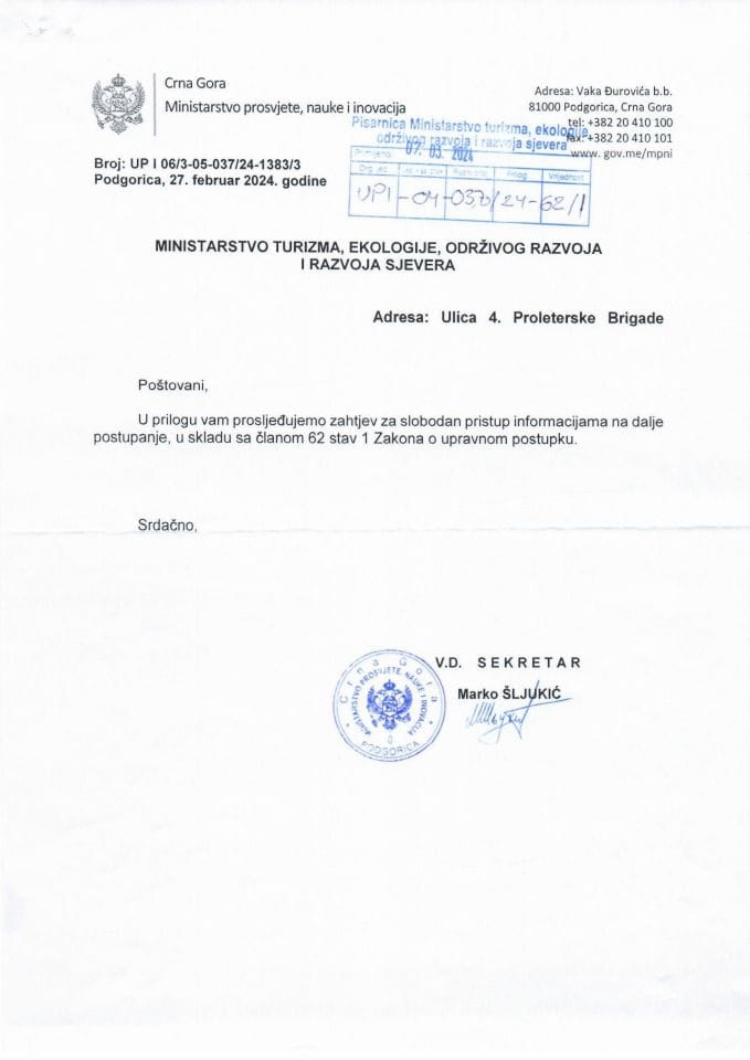 Zahtjev - Slobodan pristup informacijama - UPI 04-037-24-62-1 - OŠ Ilija Kišić - Zelenika