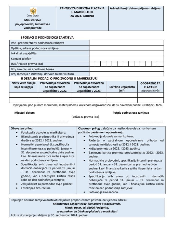 2. Образац захтјева - директна плаћања у марикултури 2024. године