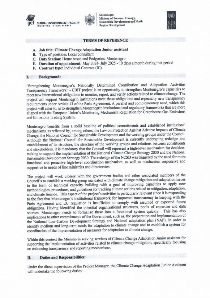 Javni oglas za junior asistenta za prilagođavanje klimatskim promjenama  - ToR Climate change adaptation junior assistant