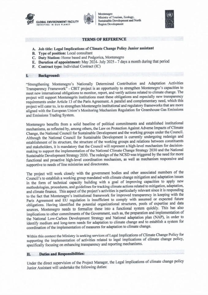 Javni oglas za junior asistenta za pravne implikacije politike klimatskih promjena  - ToR legal implications of climate change policy junior assistant