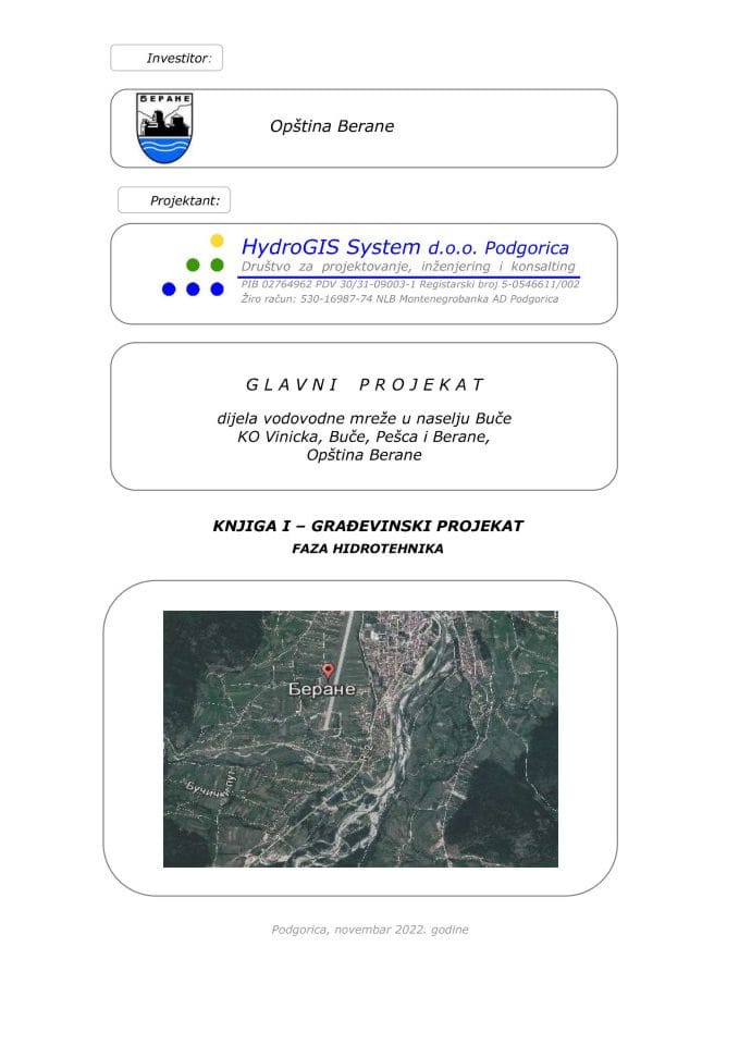 Техничка документација - Изградња водовода Буче, Беране - текстуални дио