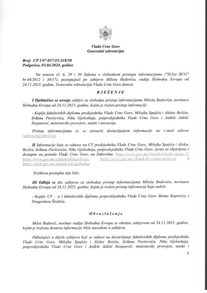 Informacija kojoj je pristup odobren po zahtjevu Miloša Rudovića, radija Slobodna Evropa od 14.11.2024. godine – UP I - 07-037/24-218/30
