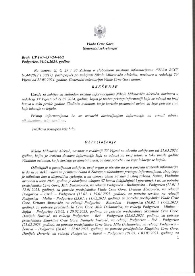 Informacija kojoj je pristup odobren po zahtjevu Nikole M. Aleksića, novinara u redakciji TV Vijesti od 21.03.2024. godine – UP I - 07-037/24-46/2