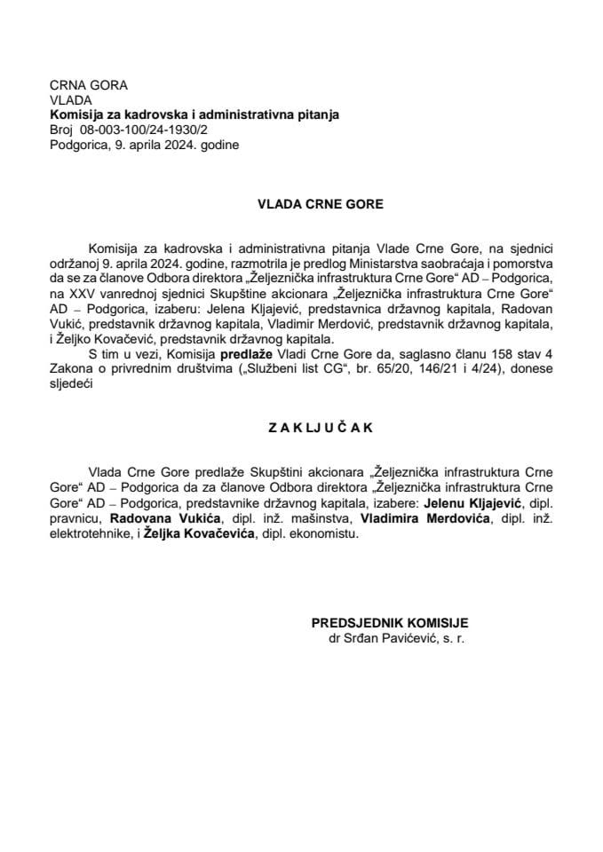 Predlog za izbor članova Odbora direktora “Željeznička infrastruktura Crne Gore” AD Podgorica