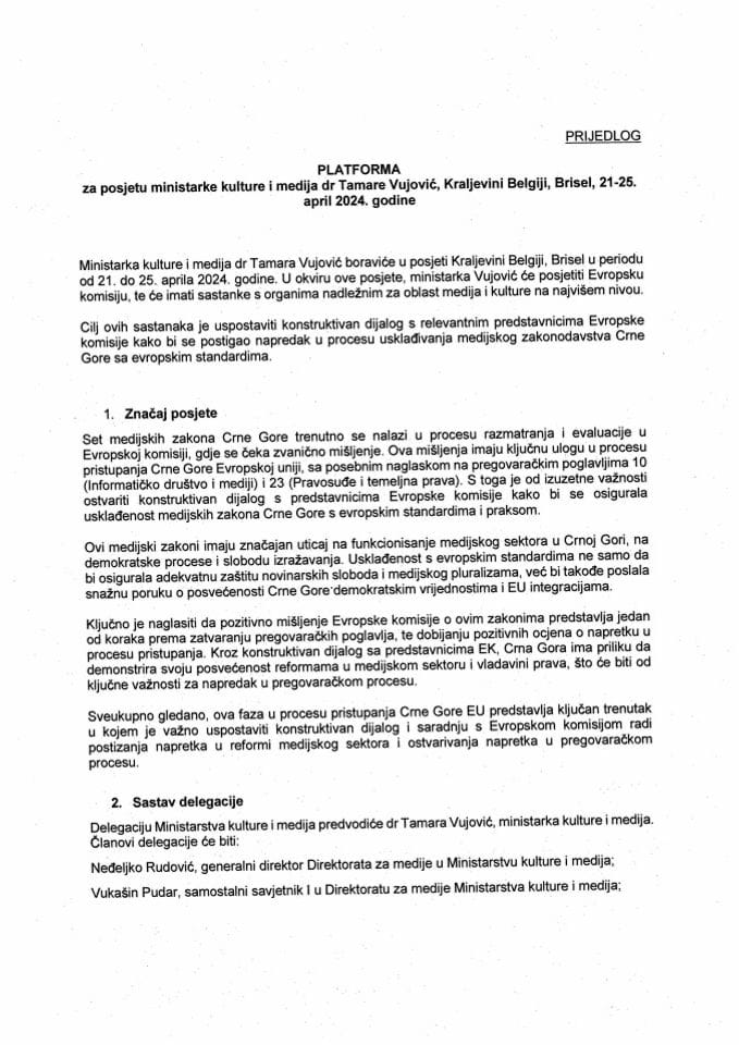 Predlog platforme za posjetu ministarke kulture i medija dr Tamare Vujović Kraljevini Belgiji, Brisel, 21 – 25. april 2024. godine