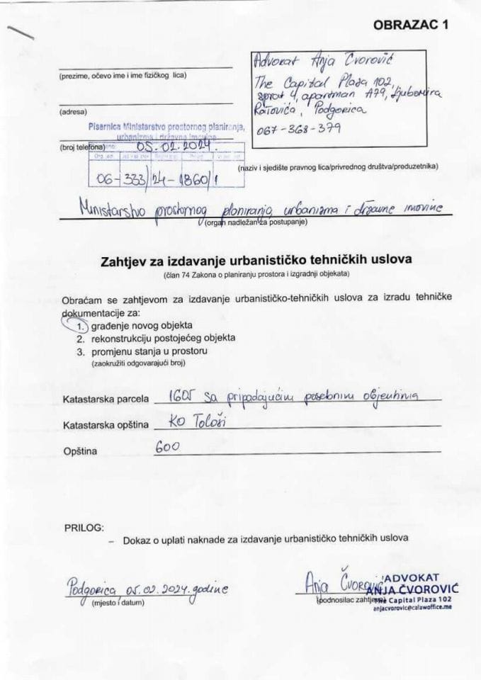 Zahtjevi za izdavanje urbanističko tehničkih uslova -  06_333_24_1860_1 Advokat Anja Čvorović