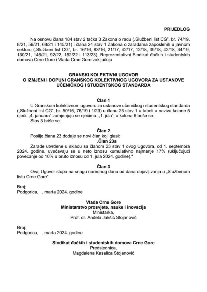 Предлог гранског  колективног уговора о измјени и допунама Гранског колективног уговора за установе ученичког и студентског стандарда
