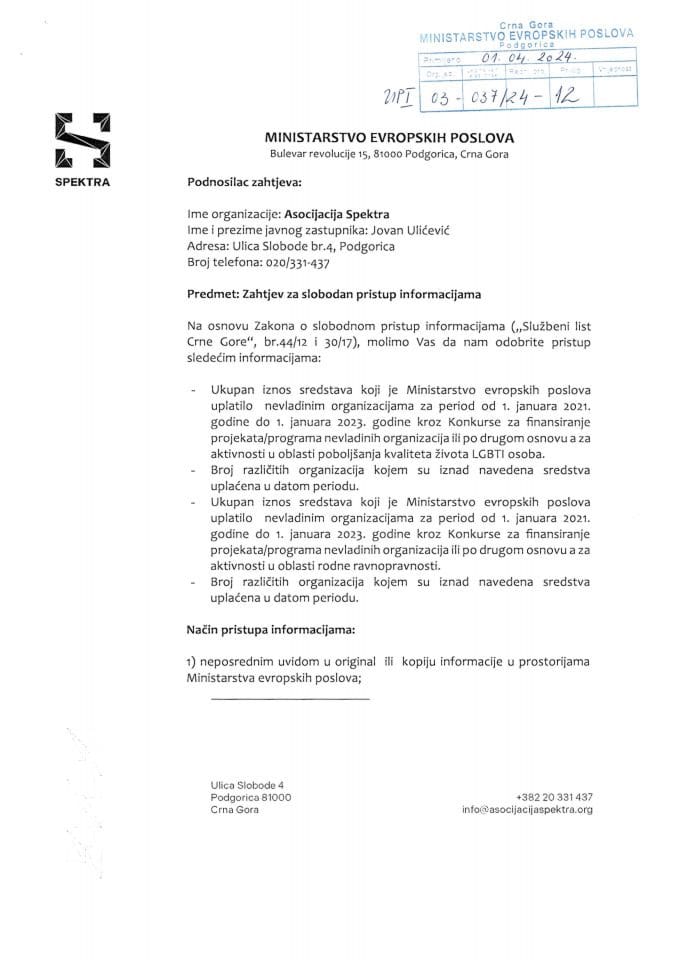Obavještenje UPI 03-037/24-12/2 po zahtjevu za slobodan pristup informacijama NVO Asocijacija Spektra od 01.04.2024. godine