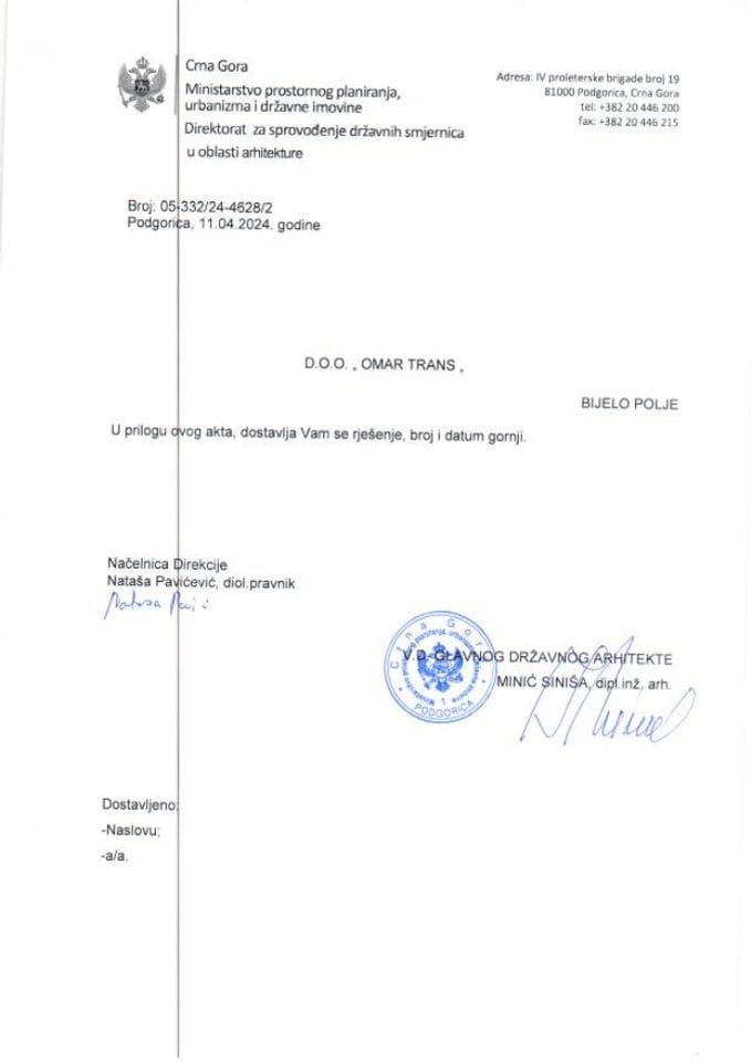 Rješenja glavnog državnog arhitekte - 11.04.2024 Rješenje  -OMAR TRANS DOO, Bijelo Polje-Opština Ulcinj