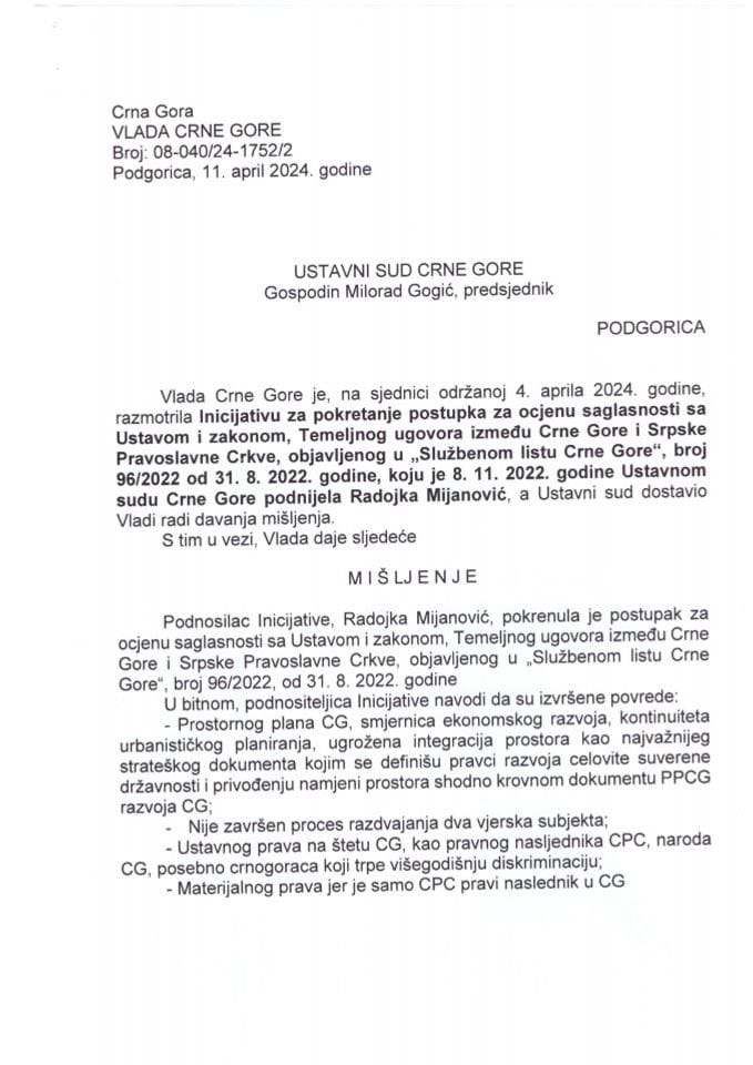 Predlog mišljenja na Inicijativu za pokretanje postupka za ocjenu saglasnosti sa Ustavom i zakonom, Temeljnog ugovora između Crne Gore i Srpske Pravoslavne Crkve podnešenu dana 8.11.2022. godine, od strane Radojke Mijanović - zaključci