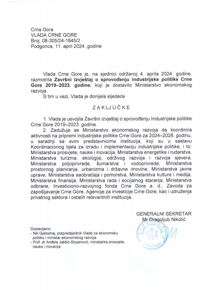 Завршни извјештај о спровођењу Индустријске политике Црне Горе 2019-2023. године - закључци